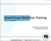 Provider Page Q&amp;A is 31:30 minutes long.nAmeriCorps Workflow beings at 31:30 and is approx 1 hour long.nn*Please note the audio cuts out at 1:12:43. Begin to replay at 1:15:33.nnPlease be sure to download the accompanying workflow documents.