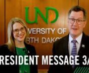 In today’s video message to campus, President Armacost hosts a chat with Randi Tanglen, UND’s new vice provost for faculty affairs. Tanglen, who has been on the job for two months, is originally from Sidney, Mont., a town less than 10 miles from North Dakota’s border.nnBefore coming to UND, Tanglen served as executive director of Humanities Montana, the nonprofit affiliate of the National Endowment for the Humanities in the state. She also taught English for 12 years at Austin College in S