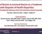 Structural racism has been and remains a fundamental cause of persistent healthndisparities in the United States. This presidential advisory by the AHA reviews thenhistorical context, current state, and potential solutions to address structural racismnin our country.nnJoin representatives from the American Heart Association, American Society of HealthnSystem Pharmacists, and the Anticoagulation Forum for a discussion of the article innthe first of a four-part series on racial disparities in heal