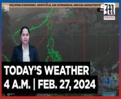Today&#39;s Weather, 4 A.M. &#124; Feb. 27, 2024&#60;br/&#62;&#60;br/&#62;Video Courtesy of DOST-PAGASA&#60;br/&#62;&#60;br/&#62;Subscribe to The Manila Times Channel - https://tmt.ph/YTSubscribe &#60;br/&#62;&#60;br/&#62;Visit our website at https://www.manilatimes.net &#60;br/&#62;&#60;br/&#62;Follow us: &#60;br/&#62;Facebook - https://tmt.ph/facebook &#60;br/&#62;Instagram - https://tmt.ph/instagram &#60;br/&#62;Twitter - https://tmt.ph/twitter &#60;br/&#62;DailyMotion - https://tmt.ph/dailymotion &#60;br/&#62;&#60;br/&#62;Subscribe to our Digital Edition - https://tmt.ph/digital &#60;br/&#62;&#60;br/&#62;Check out our Podcasts: &#60;br/&#62;Spotify - https://tmt.ph/spotify &#60;br/&#62;Apple Podcasts - https://tmt.ph/applepodcasts &#60;br/&#62;Amazon Music - https://tmt.ph/amazonmusic &#60;br/&#62;Deezer: https://tmt.ph/deezer &#60;br/&#62;Stitcher: https://tmt.ph/stitcher&#60;br/&#62;Tune In: https://tmt.ph/tunein&#60;br/&#62;&#60;br/&#62;#TheManilaTimes&#60;br/&#62;#WeatherUpdateToday &#60;br/&#62;#WeatherForecast