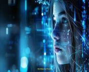 Prompt Midjourney : A young girl with long hair, surrounded by glowing blue and white data streams, looking at an interactive screen in the style of concept art with closeup portraits against a dark background featuring detailed facial features in a scifi technology theme incorporating hightech and futuristic elements. The ultrahigh definition resolution image has a cinematic feel. --ar 64:35 --v 6.0