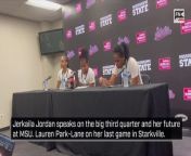 Jerkaila Jordan, Lauren Park-Lane, and Darrione Rogers speak to the media.