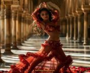 Prompt Midjourney : A beautiful woman with black long hair, in a flamenco dress, in a full body shot, clapping her hands, one leg raised high and facing the camera,with flowing red ruffles and flowers, dancing, in a photo realistic style, inside the Alhambra Palace, with golden light, soft shadows, no contrast, with cinematic lighting, color grading, high resolution photography, roses on the floor --s 750 --v 6.0