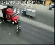 In Peru, a police officer on a motorcycle collided with an 18-wheel truck and sustained only a broken shoulder and bruises.
