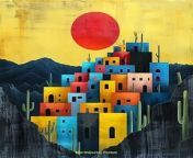 Prompt Midjourney : A risograph print of an urban building with colorful windows overlooking the desert at night. There is one cactus in front of it and a red sun above it. Simple shapes and a simplistic style with flat illustration. Vector art on a dark yellow background with black ink lines. --s 750