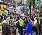 The huge pro Palestinian parade passes a group of Israeli protestors at the junction of Waterloo Place and Pall Mall, near Trafalgar Square, on Saturday April 27 2024. The demonstration took more than an hour to pass. Filmed by Ben Lowry of the Belfast News Letter