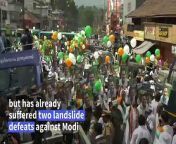 Thousands of supporters throng India&#39;s most prominent opposition leader Rahul Gandhi during a campaign procession ahead of him filing his formal nomination for national elections starting this month. Gandhi is the son, grandson, and great-grandson of former prime ministers, but has already suffered two landslide defeats against Prime Minister Narendra Modi.