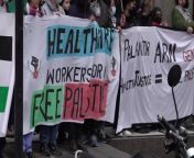 Healthcare workers have blockaded the entrance to NHS England’s headquarters to call for an end to its contract with a firm which campaigners say supplies technology to Israel’s military.