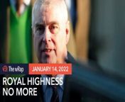The Royal Family removes Prince Andrew’s military links and royal patronages Thursday, January 13, as he fights a US lawsuit in which he is accused of sex abuse.&#60;br/&#62;&#60;br/&#62;Full story: https://www.rappler.com/world/europe/uk-prince-andrew-stripped-royal-military-links/&#60;br/&#62;