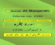 In this video, we present the beautiful recitation of Surah Al-Baqarah Ayah/Verse/Ayat 226 in Arabic, accompanied by English and Urdu translations with on-screen display. To facilitate a comprehensive understanding, we have included accurate and eloquent translations in English and Urdu.&#60;br/&#62;&#60;br/&#62;Surah Al-Baqarah, Ayah 226 (Arabic Recitation): “ لِّلَّذِينَ يُؤۡلُونَ مِن نِّسَآئِهِمۡ تَرَبُّصُ أَرۡبَعَةِ أَشۡهُرٖۖ فَإِن فَآءُو فَإِنَّ ٱللَّهَ غَفُورٞ رَّحِيمٞ ”&#60;br/&#62;&#60;br/&#62;Surah Al-Baqarah, Verse 226 (English Translation): “ For those who swear not to have sexual relations with their wives is a waiting time of four months, but if they return [to normal relations] - then indeed, Allāh is Forgiving and Merciful. ”&#60;br/&#62;&#60;br/&#62;Surah Al-Baqarah, Ayat 226 (Urdu Translation): “ جو لوگ اپنی بیویوں سے (تعلق نہ رکھنے کی) قسمیں کھائیں، ان کے لئے چار مہینے کی مدت ہے، پھر اگر وه لوٹ آئیں تو اللہ تعالیٰ بھی بخشنے واﻻ مہربان ہے۔ ”&#60;br/&#62;&#60;br/&#62;The English translation by Saheeh International and the Urdu translation by Maulana Muhammad Junagarhi, both published by the renowned King Fahd Glorious Qur&#39;an Printing Complex (KFGQPC). Surah Al-Baqarah is the second chapter of the Quran.&#60;br/&#62;&#60;br/&#62;For our Arabic, English, and Urdu speaking audiences, we have provided recitation of Ayah 226 in Arabic and translations of Surah Al-Baqarah Verse/Ayat 226 in English/Urdu.&#60;br/&#62;&#60;br/&#62;Join Us On Social Media: Don&#39;t forget to subscribe, follow, like, share, retweet, and comment on all social media platforms on @QuranHadithPro . &#60;br/&#62;➡All Social Handles: https://www.linktr.ee/quranhadithpro&#60;br/&#62;&#60;br/&#62;Copyright DISCLAIMER: ➡ https://rebrand.ly/CopyrightDisclaimer_QuranHadithPro &#60;br/&#62;Privacy Policy and Affiliate/Referral/Third Party DISCLOSURE: ➡ https://rebrand.ly/PrivacyPolicyDisclosure_QuranHadithPro &#60;br/&#62;&#60;br/&#62;#SurahAlBaqarah #surahbaqarah #SurahBaqara #surahbakara #SurahBakarah #quranhadithpro #qurantranslation #verse226 #ayah226 #ayat226 #QuranRecitation #qurantilawat #quranverses #quranicverse #EnglishTranslation #UrduTranslation #IslamicTeachings #سورہ_بقرہ# سورةالبقرة .