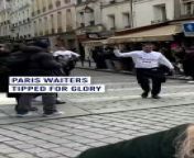 In #Paris around 200 #waiters took part in the historic cafe waiters&#39; race after a 13-year hiatus. Entrants must carry a tray with a croissant, coffee cup and a glass of water along a 2km course. Rules included no running, no spilling of water and only one hand to hold the tray. &#60;br/&#62;#waitersrace