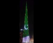 The iconic Burj Khalifa lit up with the Pakistan flag on the occasion of the country&#39;s National Day on Saturday.