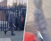 Chilling footage captures the moment a hooded knifeman casually walked down the street while brandishing a huge blade near a primary school. SWNS