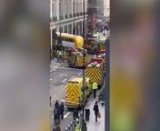 A double-decker bus dramatically smashed through a pub window near Oxford Street in central London on Tuesday morning.Emergency services were called after the yellow bus, thought to be the number 9, crashed into All Bar One in New Oxford Street, near Tottenham Court Road Tube station, shortly after 10am.Two people were treated by paramedics at the scene, with one taken to hospital.