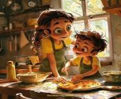 Prompt Midjourney : llustration image of a child 6 years old Giacomo Pascale who cooking pizza with his mother, standing on a chair to get to the working table, pixar style illustration, Giacomo is brown hair and big green sweet eyes, yellow t-shirt. --v 6.0