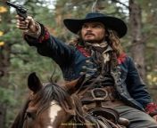 Prompt Midjourney : Eric BUPLEL as a character in the tv show blackpink, riding on horseback and holding his gun up to shoot something, wearing a dark blue jacket with red embroidered flowers, a white shirt underneath and grey pants, long brown hair down past shoulders, a short beard, a hat with a large brimmed with a wide rim at the top and a pointy tail on the bottom of the front of it, he has one hand raised and pointing a pistol into the air while sitting forward, in a forest background. --ar 29:33