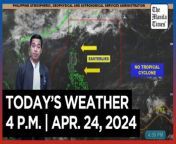 Today&#39;s Weather, 4 P.M. &#124; Apr. 24, 2024&#60;br/&#62;&#60;br/&#62;Video Courtesy of DOST-PAGASA&#60;br/&#62;&#60;br/&#62;Subscribe to The Manila Times Channel - https://tmt.ph/YTSubscribe &#60;br/&#62;&#60;br/&#62;Visit our website at https://www.manilatimes.net &#60;br/&#62;&#60;br/&#62;Follow us: &#60;br/&#62;Facebook - https://tmt.ph/facebook &#60;br/&#62;Instagram - https://tmt.ph/instagram &#60;br/&#62;Twitter - https://tmt.ph/twitter &#60;br/&#62;DailyMotion - https://tmt.ph/dailymotion &#60;br/&#62;&#60;br/&#62;Subscribe to our Digital Edition - https://tmt.ph/digital &#60;br/&#62;&#60;br/&#62;Check out our Podcasts: &#60;br/&#62;Spotify - https://tmt.ph/spotify &#60;br/&#62;Apple Podcasts - https://tmt.ph/applepodcasts &#60;br/&#62;Amazon Music - https://tmt.ph/amazonmusic &#60;br/&#62;Deezer: https://tmt.ph/deezer &#60;br/&#62;Tune In: https://tmt.ph/tunein&#60;br/&#62;&#60;br/&#62;#TheManilaTimes&#60;br/&#62;#WeatherUpdateToday &#60;br/&#62;#WeatherForecast