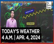 Today&#39;s Weather, 4 A.M. &#124; Apr. 4, 2024&#60;br/&#62;&#60;br/&#62;Video Courtesy of DOST-PAGASA&#60;br/&#62;&#60;br/&#62;Subscribe to The Manila Times Channel - https://tmt.ph/YTSubscribe &#60;br/&#62;&#60;br/&#62;Visit our website at https://www.manilatimes.net &#60;br/&#62;&#60;br/&#62;Follow us: &#60;br/&#62;Facebook - https://tmt.ph/facebook &#60;br/&#62;Instagram - Ahttps://tmt.ph/instagram &#60;br/&#62;Twitter - https://tmt.ph/twitter &#60;br/&#62;DailyMotion - https://tmt.ph/dailymotion &#60;br/&#62;&#60;br/&#62;Subscribe to our Digital Edition - https://tmt.ph/digital &#60;br/&#62;&#60;br/&#62;Check out our Podcasts: &#60;br/&#62;Spotify - https://tmt.ph/spotify &#60;br/&#62;Apple Podcasts - https://tmt.ph/applepodcasts &#60;br/&#62;Amazon Music - https://tmt.ph/amazonmusic &#60;br/&#62;Deezer: https://tmt.ph/deezer &#60;br/&#62;Tune In: https://tmt.ph/tunein&#60;br/&#62;&#60;br/&#62;#TheManilaTimes&#60;br/&#62;#WeatherUpdateToday &#60;br/&#62;#WeatherForecast