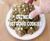 These pistachio oatmeal cookies are one of the coolest cookies ive ever created. They are healthy, easy to make are really delicious &#60;br/&#62;Ingredients:&#60;br/&#62;2 Bananas, ripe&#60;br/&#62;1/2 cup (120g) Pistachio paste &#60;br/&#62;2 cups (180g) Rolled oats&#60;br/&#62;1/3 cup White chocolate chips (optional&#60;br/&#62;&#60;br/&#62;Directions:&#60;br/&#62;1. Preheat oven to 350F (180C).&#60;br/&#62;2. Peel the bananas and place them in a bow, mash until smooth.&#60;br/&#62;3. Add nut pistachio butter and mix until combined.&#60;br/&#62;4. Add oats and white chocolate chips, then add baking soda and mix until combined.&#60;br/&#62;5. Scoop out a portion of the batter on a baking tray lined with parchment paper.&#60;br/&#62;6. Bake for 10-12 minutes or until the edges are golden brown.&#60;br/&#62;7. Allow to cool slightly before serving.